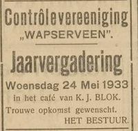 Jaarvergadering , bron: Opregte Steenwijker courant, 20 mei 1933